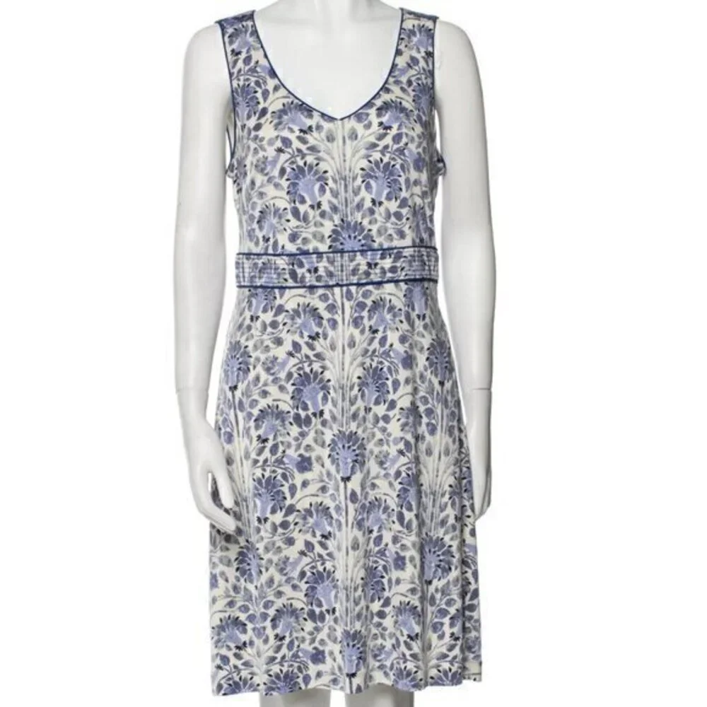 Tory Burch Women's Blue/White Silk Knee Length‎ Sleeveless Dress - Size M Medium